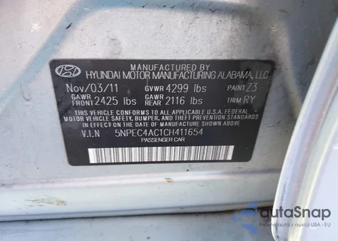 2012 Hyundai Sonata Se from USA, damaged, VIN 5NPEC4AC1CH411654